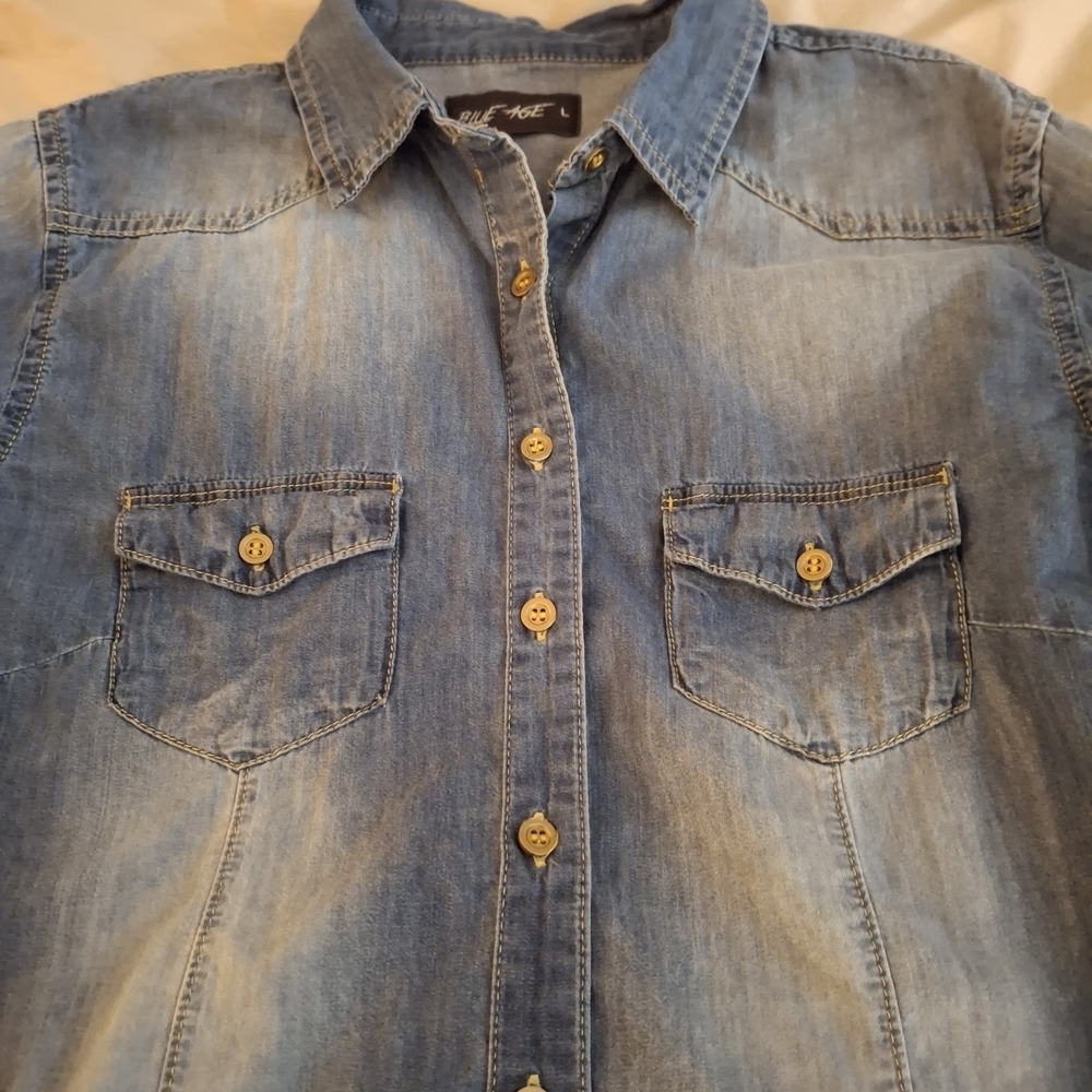 Blue Age Women's Ombre Distressed Button Down Long Sleeve Shirt - Picture 9 of 9